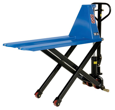 Vestil L-220-HD manual high-lift pallet truck with forks raised.