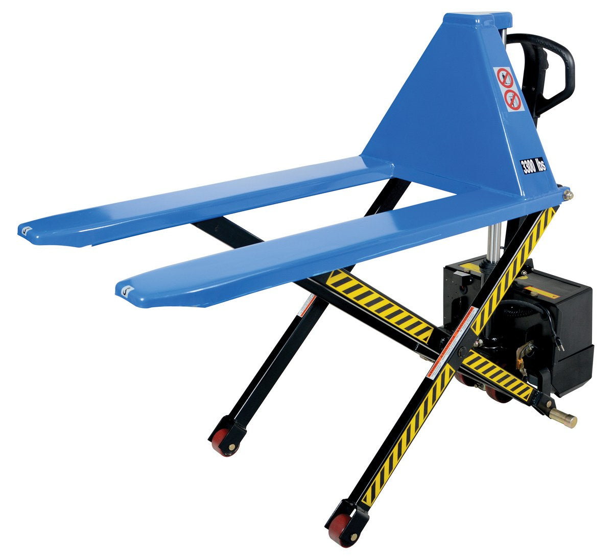 Vestil L-270-DC-HD DC-powered high-lift pallet truck with forks raised.