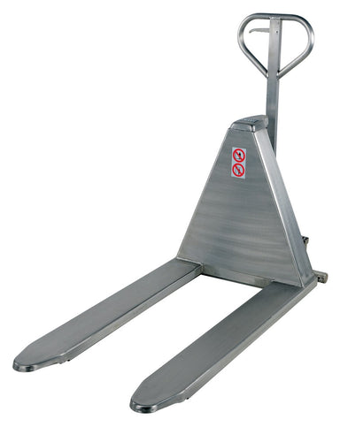 Vestil L-270-HD-SS stainless steel manual high-lift pallet truck with forks lowered.