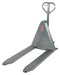 Vestil L-270-HD-SS stainless steel manual high-lift pallet truck with forks lowered.