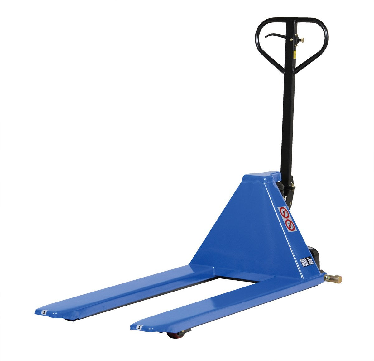 Vestil L-270-HD manual high-lift pallet truck with forks lowered.