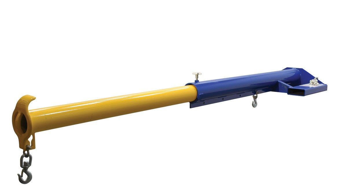 Vestil LM-EBT-4-24 telescoping fork-mounted lifting boom with hooks.