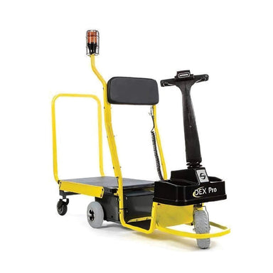 Yellow and black motorized warehouse cart with platform, 1,100 lb capacity