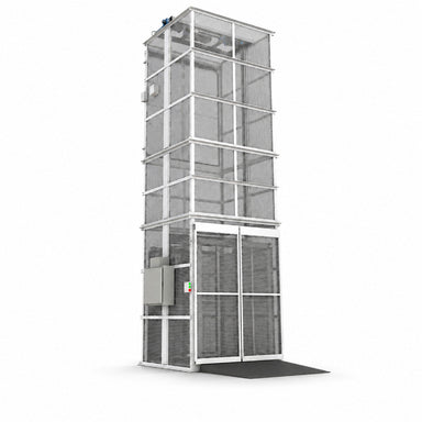 Vertical reciprocating conveyor with a glass door, 5,000 lb capacity, featuring a 72 x 72 inch platform.