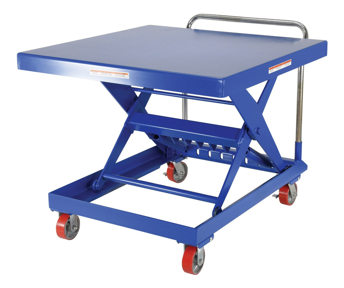 Vestil SCSC-500-4242 spring-operated lift cart with square platform raised.