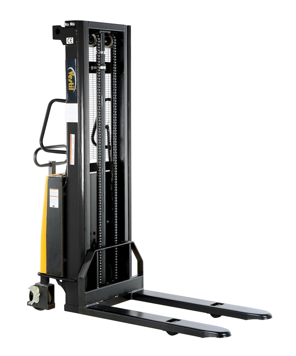 Vestil SL-118-FF fixed-fork powered-lift stacker, front angled view.
