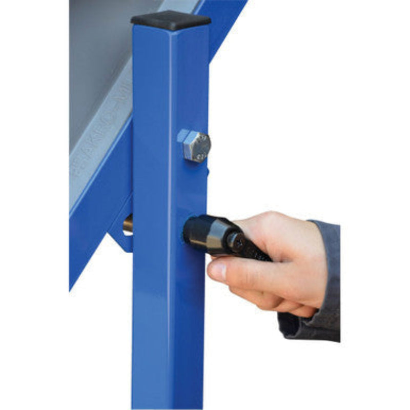 Stock picking cart in blue metal, 37.75 inches high, with wheels and a tilting shelf for convenient use.