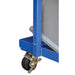 A 37.75-inch high blue metal cart on wheels, equipped with one tilting shelf for stock picking.