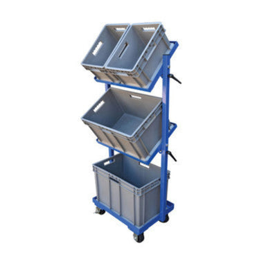 Blue metal stock picking cart, 37.75 inches tall, with wheels and a single tilting shelf for easy access.