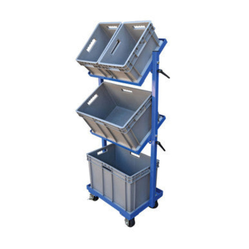 Blue metal stock picking cart, 37.75 inches tall, with wheels and a single tilting shelf for easy access.