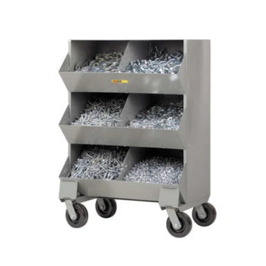 Rolling metal storage cart featuring 12 bins and four shelves, constructed from sturdy 14-gauge steel in gray color.