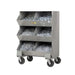 Rolling metal storage cart featuring 12 bins and four shelves, constructed from sturdy 14-gauge steel in gray color.