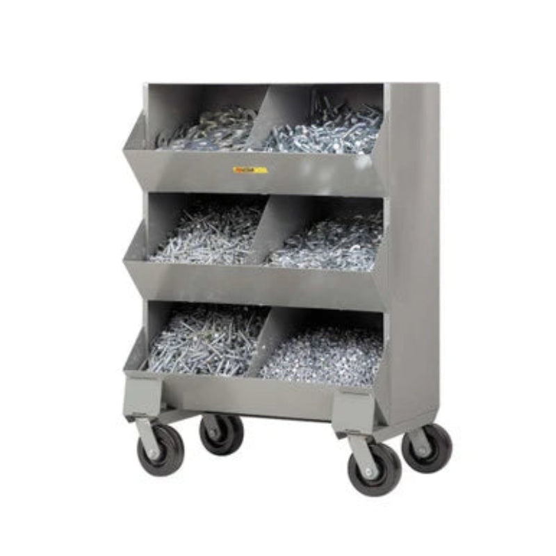 Rolling metal storage cart featuring 12 bins and four shelves, constructed from sturdy 14-gauge steel in gray color.