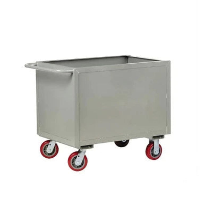 Gray metal rolling box cart with red wheels, measuring 36" W x 24" D, featuring sheet steel sides and 6" molded rubber casters.