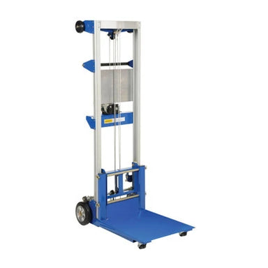 Blue and white hand truck-style manual stacker lift, 43.25" D x 71.75" H, designed for 500 lbs load capacity.