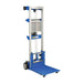 Manual stacker lift in blue, showcasing a straddle design, 44" D x 69" H, with a deck platform for lifting loads.