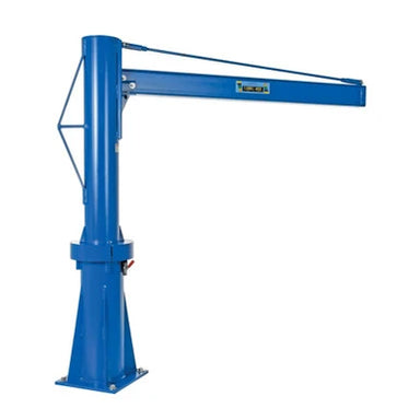 Blue jib crane featuring a 96" boom length and 360° rotation, displayed against a white background.