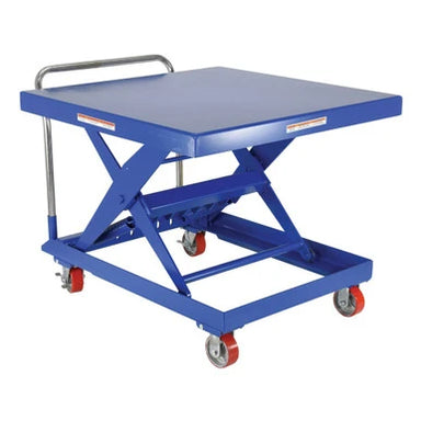  Adjustable blue platform cart with wheels, 42" W x 47" D x 34" H, capable of holding up to 500 lbs.