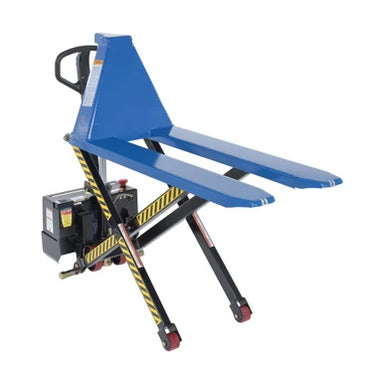 A blue hand pump skid lift truck, 26.75" W x 43" D x 31.5" H, with wheels on the sides for mobility.