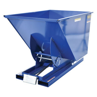 A blue plastic bin with a lid, designed as a trash hopper, 2,000 lb capacity, equipped with bumper release and safety lock.
