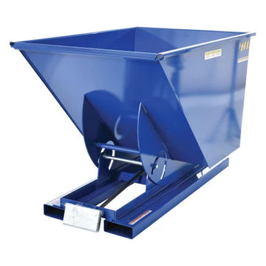 A blue dump truck featuring a sturdy metal base, intended for carrying a forklift trash hopper, measuring 31.5" W x 61.25" D x 42.75" H.