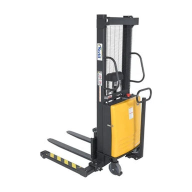  Electric pallet stacker featuring adjustable forks, dimensions 46"W x 66.25"D x 88.5"H, set in a black and white backdrop.