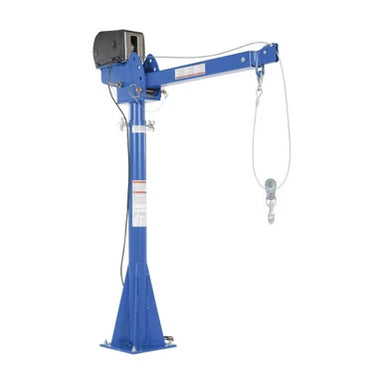 A blue jib crane featuring a hook, capable of lifting 2,000 lbs, with 360° manual rotation and adjustable boom length.