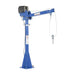 A blue jib crane featuring a hook, capable of lifting 2,000 lbs, with 360° manual rotation and adjustable boom length.