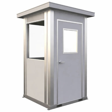 Metal security booth with a window, designed for site security monitoring and access control, measuring 5x8 feet.