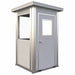 Modular security booth with a hinged entrance door and window, exterior angled view.