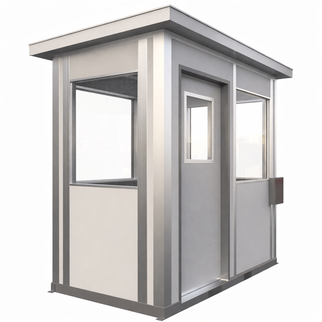 5 × 8 modular security booth with a single sliding door, exterior angled view.