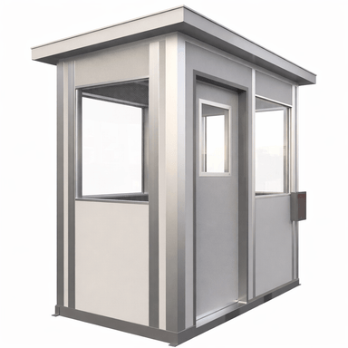5 × 8 modular security booth with a single sliding door, exterior angled view.