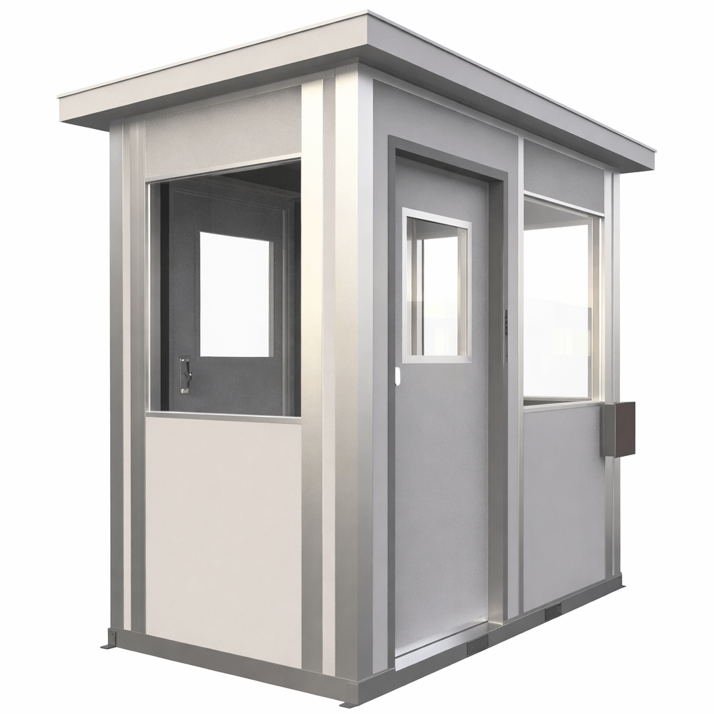 5 × 8 modular security booth with dual sliding doors, exterior angled view.