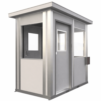 5 × 8 modular security booth with dual sliding doors, exterior angled view.