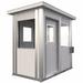 5 × 8 modular security booth with dual sliding doors, exterior angled view.