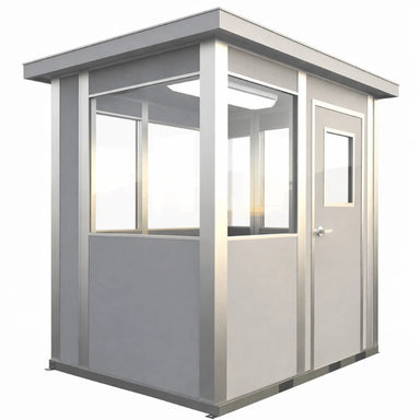 Prefabricated 6x10 modular security booth featuring a glass door for screening and entry monitoring.