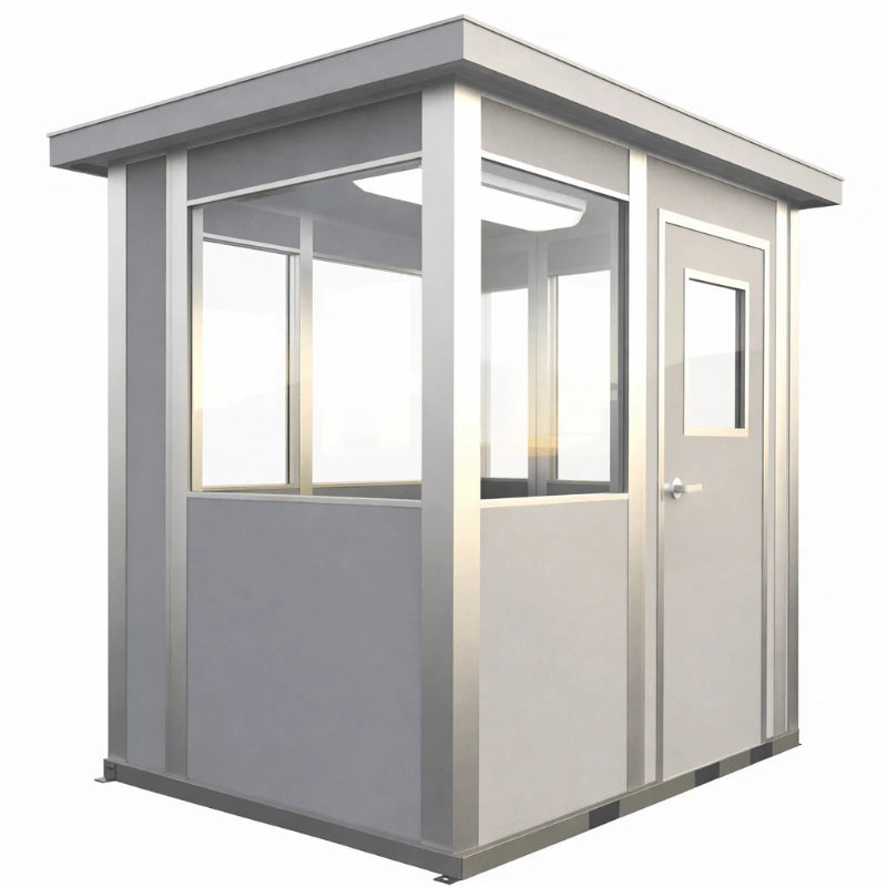 Prefabricated 6x10 modular security booth featuring a glass door for screening and entry monitoring.