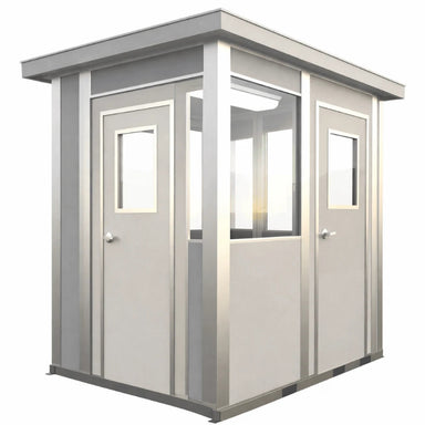 Prefabricated modular security booth featuring two doors, suitable for monitoring and access control for up to four individuals.
