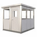8 × 10 modular security booth with a hinged door and wraparound windows, exterior angled view.