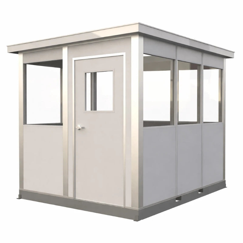 8 × 10 modular security booth with a hinged door and wraparound windows, exterior angled view.
