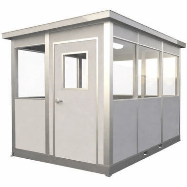 Prefabricated 8x12 metal security booth with a window, designed for gate entry and receiving areas.
