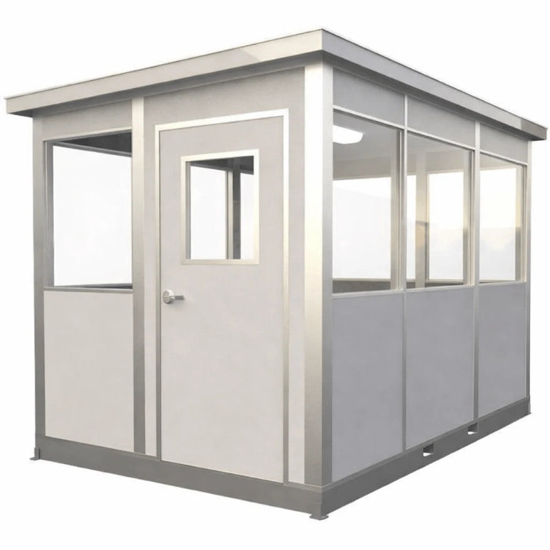 Prefabricated 8x12 metal security booth with a window, designed for gate entry and receiving areas.
