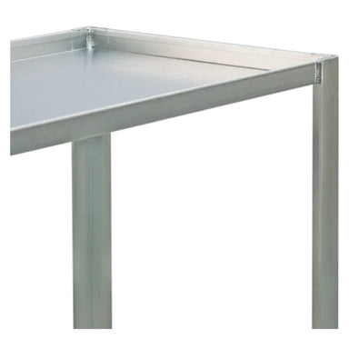 Three-step aluminum ladder cart on wheels, featuring lipped shelves and a continuous grip handle for stability and support.