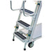 Mobile aluminum ladder cart with three steps, lipped shelves, and a grip handle, suitable for loads up to 800 lbs.