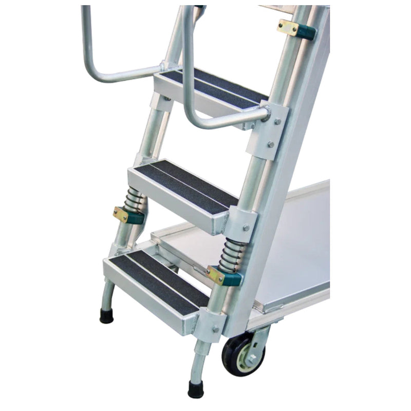 Mobile aluminum ladder cart with three steps, lipped shelves, and a grip handle, suitable for loads up to 800 lbs.