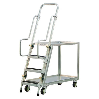Metal ladder cart with three steps, lipped shelves, and wheels, designed for easy mobility and an 800 lb capacity.