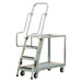 Metal ladder cart with three steps, lipped shelves, and wheels, designed for easy mobility and an 800 lb capacity.