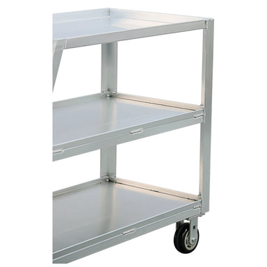 Durable aluminum ladder cart with three flat shelves and a continuous grip handle, supporting up to 800 lbs.