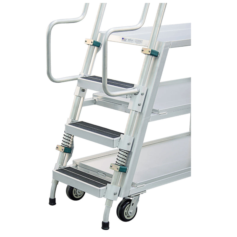 Metal ladder cart featuring three shelves, a continuous grip handle, and an 800 lb weight capacity for heavy-duty use.