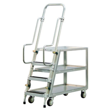 Three-tier aluminum ladder cart with flat shelves and continuous grip handle
